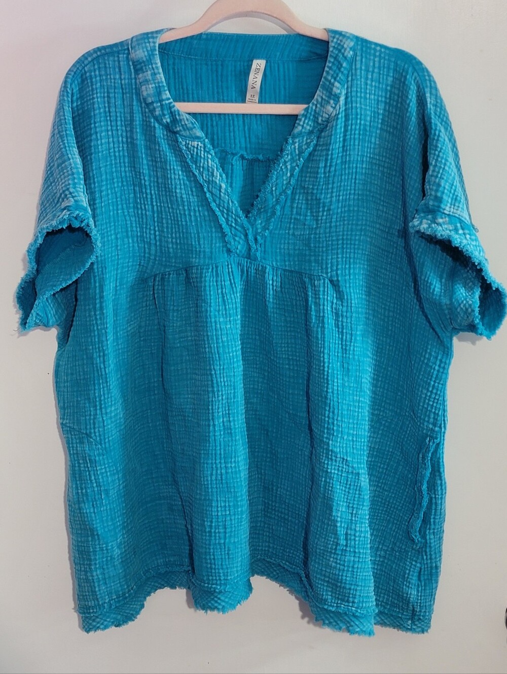 Zenana Outfitters Turquoise Cotton Gauze V-Neck Tunic w/ Pockets